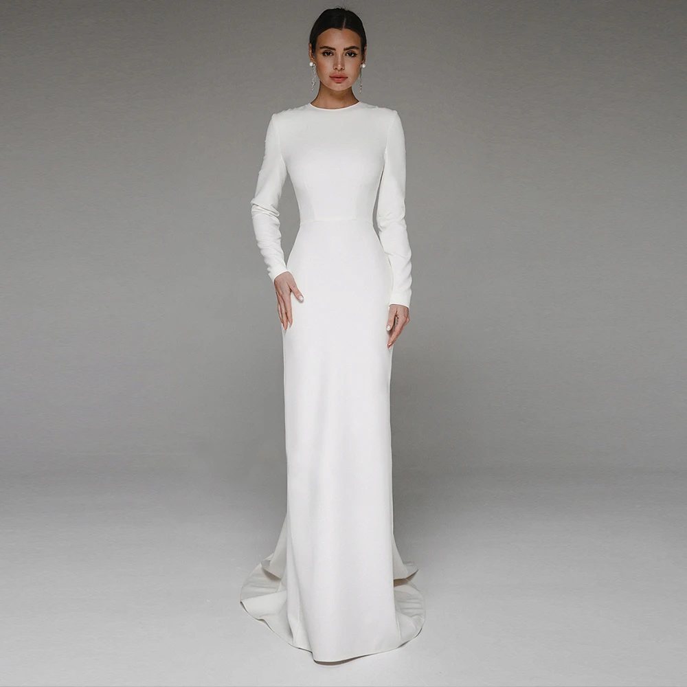 Muslimischen Bürger Meerjungfrau Hochzeit Kleid Für Braut Mit Lange Schutzarme Sweep Zug Einfache Brautkleid O Neck Custom Robe De soriee Femme Image