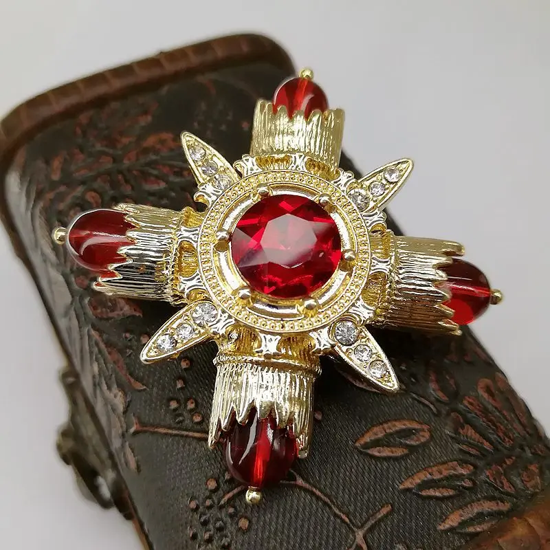 Barock Rot Strass Kreuz Brosche Pin Metall Große Broschen für Frauen Vintage Pins Kleidung Schal Clip Schmuck