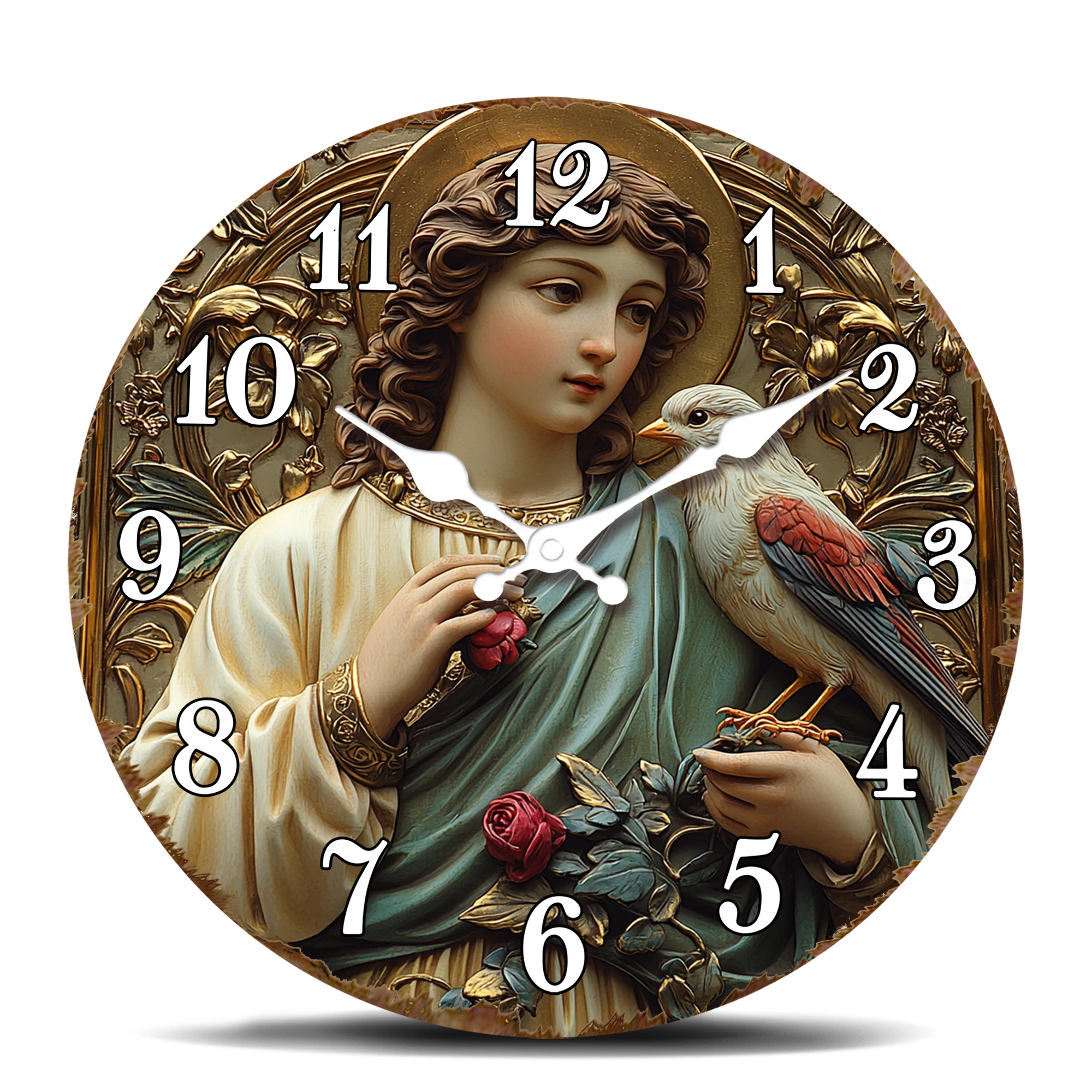 Engel mit Taube und Rosen-Wanduhr, religiöse Kunst inspirierte runde Zeitmesser, verzierte dekorative Uhr mit goldenem Rahmen für spirituelle Zwecke Image