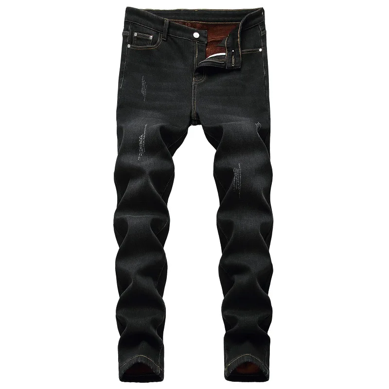 Neue blaue Winterjeans für Herren, mittelstretchige Jeanshose, schwarze modische Slim-Fit-Thermohose, asiatische Größen 28-42.