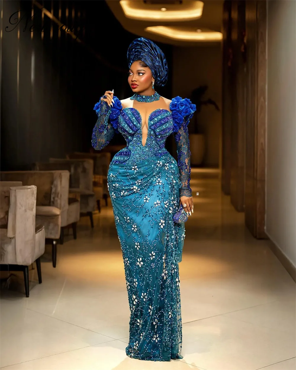 Afrikanische blaue Meerjungfrau-Abendkleider Aso Ebi mit langen Ärmeln, Abendkleid für Frauen, Partykleid, maßgeschneiderte formelle Empfangskleider Image