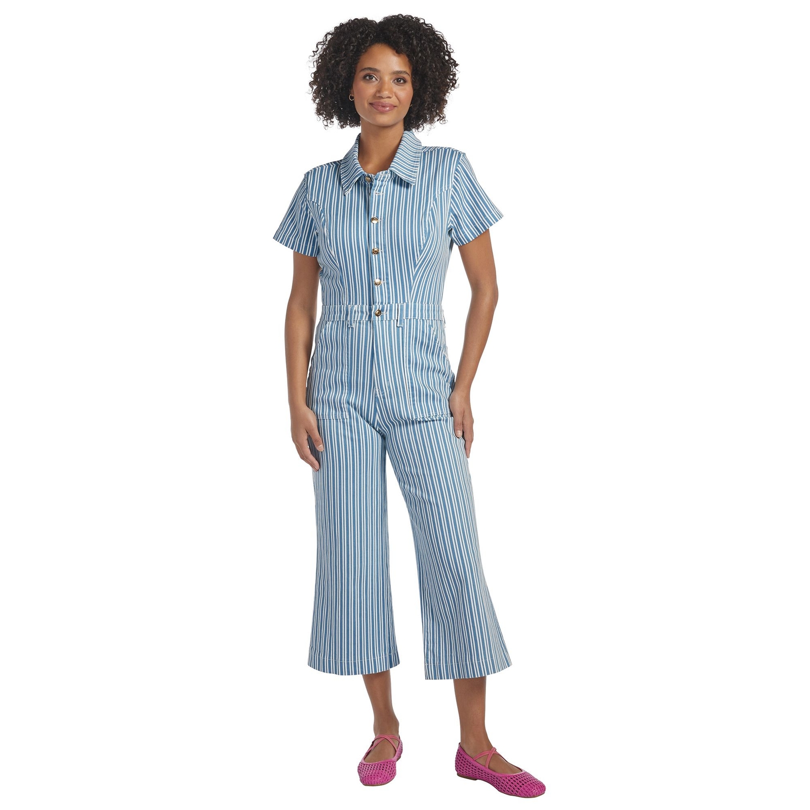 Masseys Denim Jumpsuit (Size 18W) Blue White Stripe, Cotton,Spandex