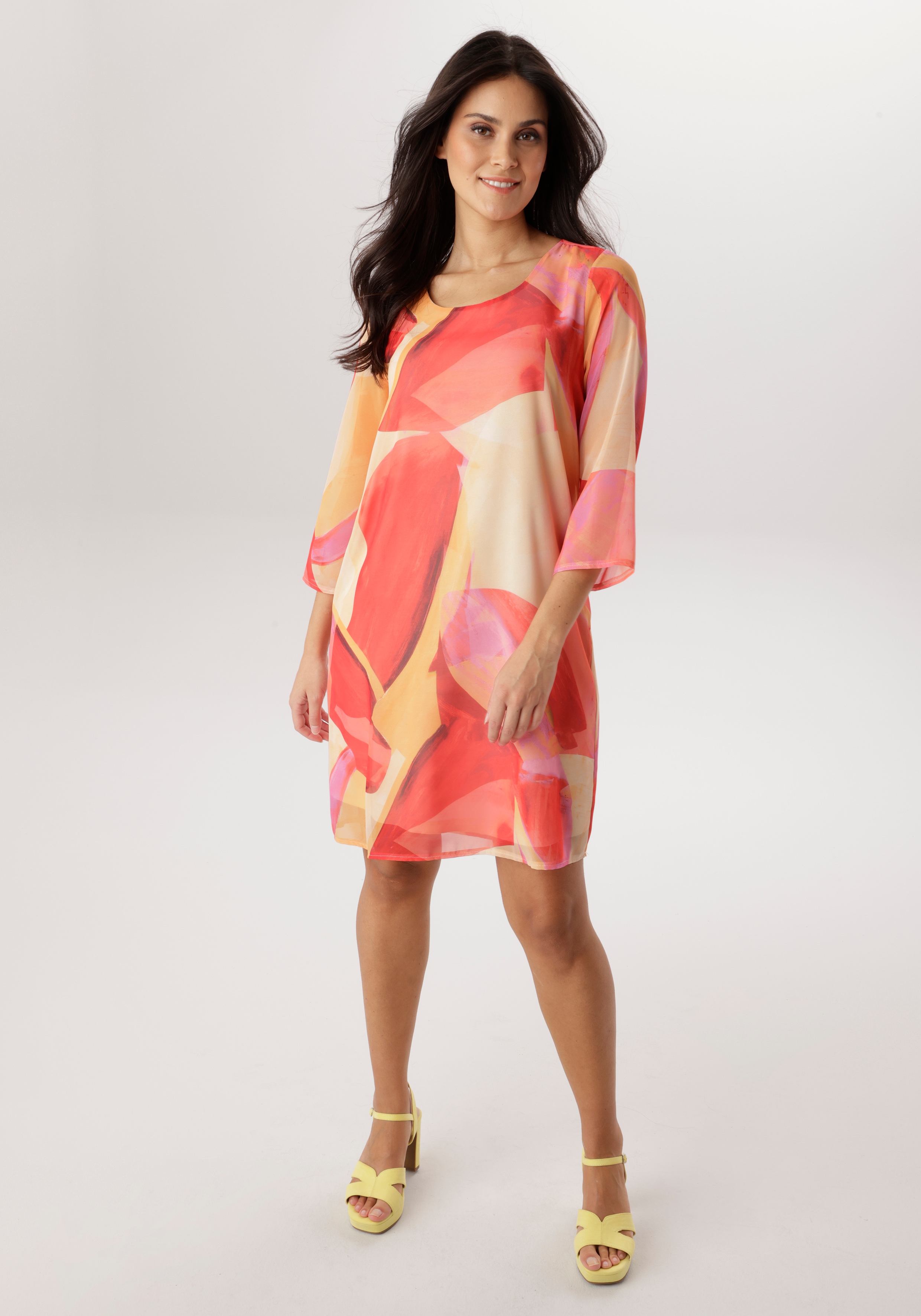 Chiffonkleid ANISTON SELECTED, Damen, Gr. 44, N-Gr, gelb, rot, orange, rosa, braun, sand, Chiffon, Obermaterial: 100% Polyester. Futter: 95% Viskose, 5% Elasthan, bedruckt, gemustert, figurumspielend kniefrei, Rundhals, Kleider Chiffonkleid, aus...