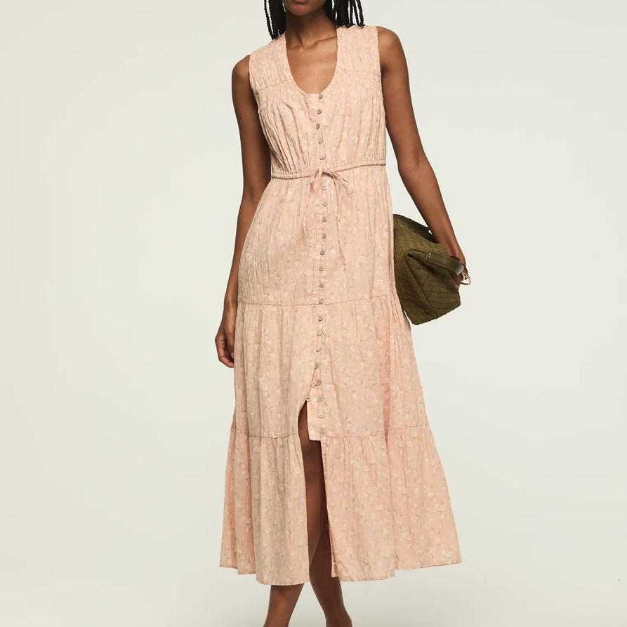 Lucky Brand Crinkle Tiered Midi Dress - Women's Clothing Dresses Shirt Midi Dress in Blush Floral, Size XL