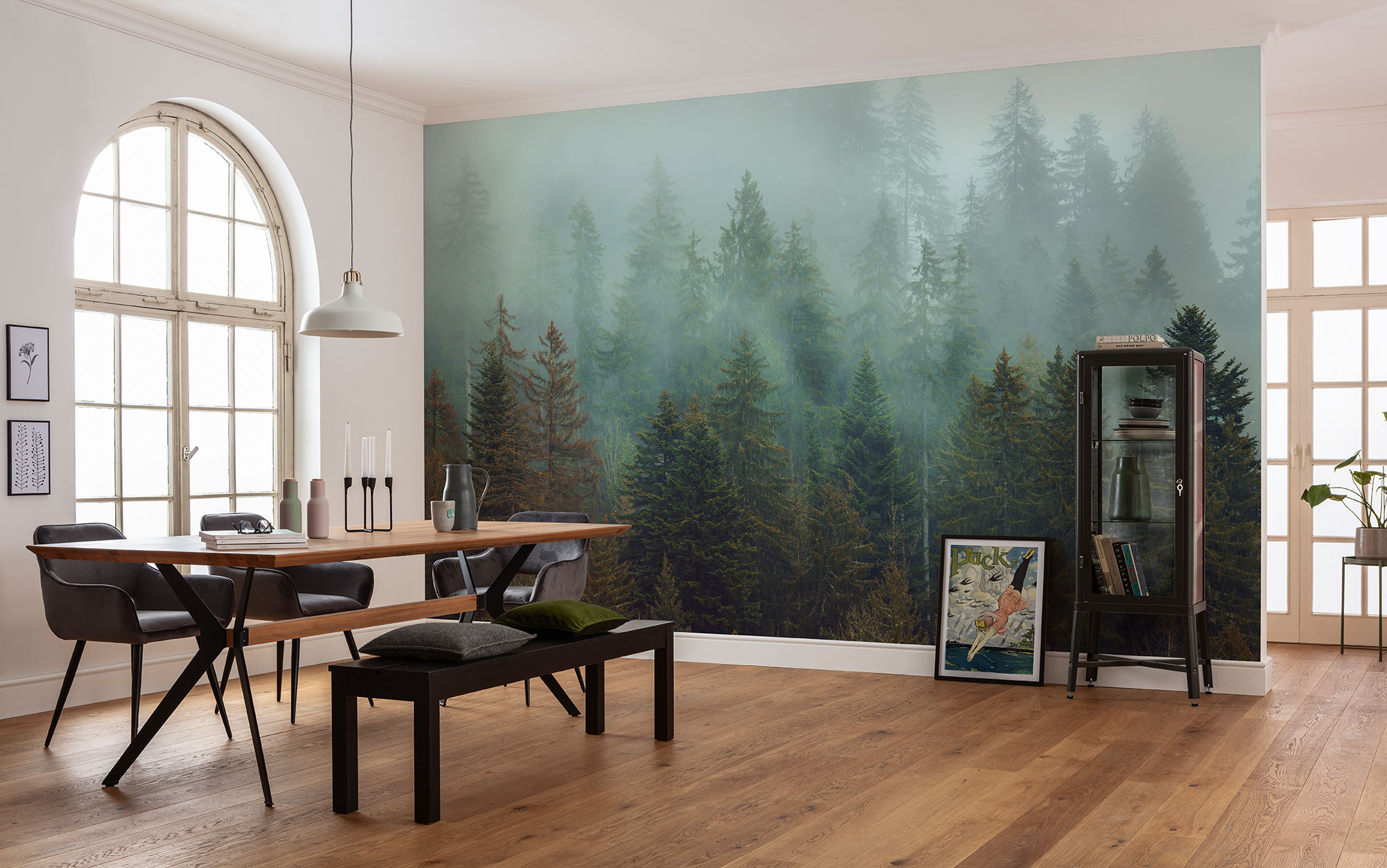 Fototapete KOMAR "Vlies Fototapete - Foggy Firs - Größe 400 x 250 cm", grün,türkis, B:400m H:250m, Vlies, Tapeten