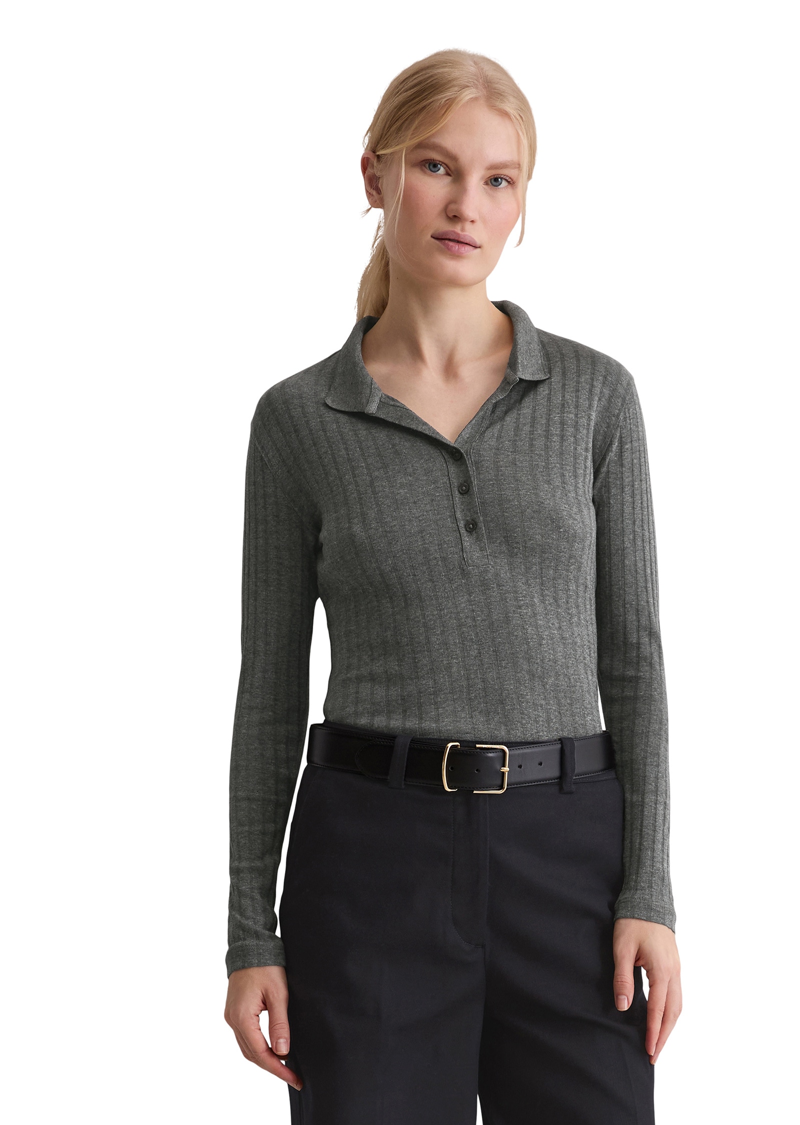 Langarm-Poloshirt MARC O'POLO "aus Organic-Cotton-Modal-Mix", Damen, Gr. S, warm granite melange, Obermaterial: 52% Baumwolle, 48% Modal, unifarben, regular fit, normaler Saum, Shirts