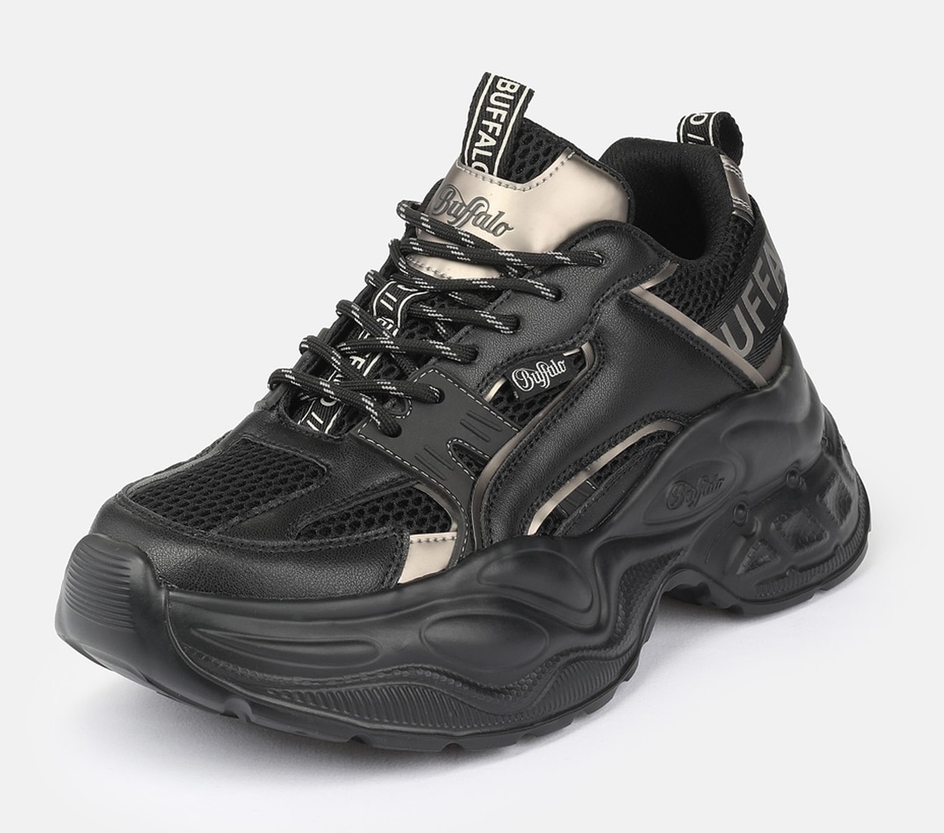 Plateausneaker BUFFALO "Yuno one", Damen, Gr. 39, schwarz, graumetallic, Lederimitat, Textil, metallic, Schuhe Plateausneaker, Halbschuh, Schnürschuh, Retro-Sneaker mit Memory Foam Innensohle