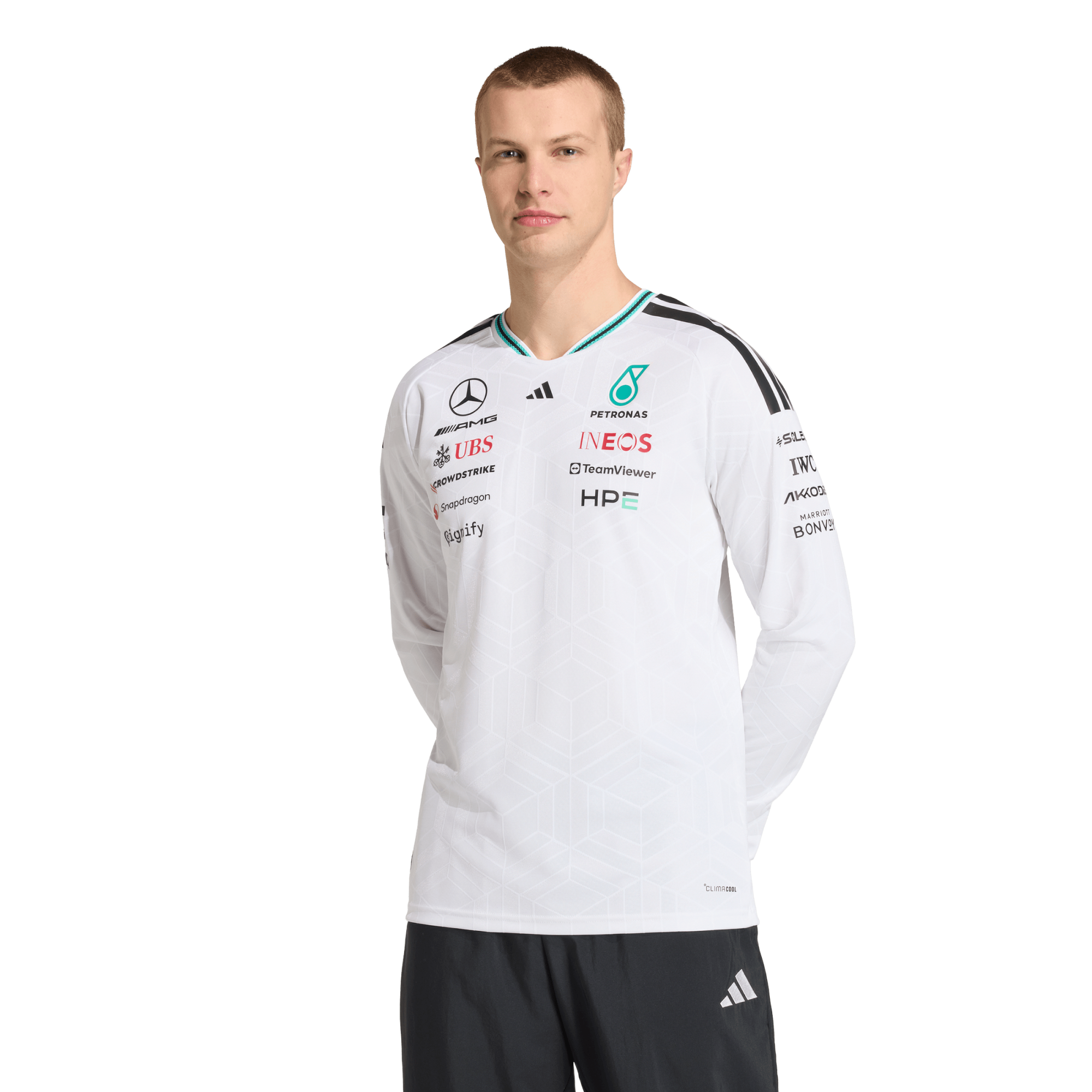 Mercedes AMG Petronas adidas Authentic Team-Fahrer-Langarm-T-Shirt – Weiß