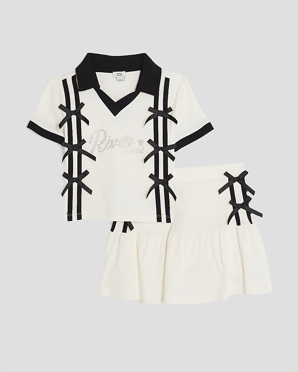 River Island Girls Polo Shirt & Skirt Bow Set Cream Cotton - Size 7-8Y | River Island Sale | Discount Designer Brands