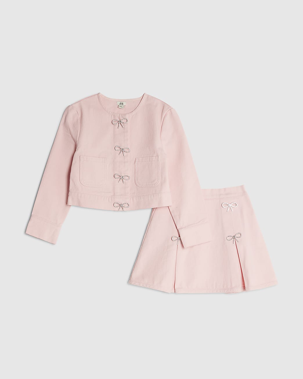 River Island Girls Jacket & Skirt Set Pink Denim Diamante Bow Cotton - Size 11-12Y | River Island Sale | Discount Designer Brands