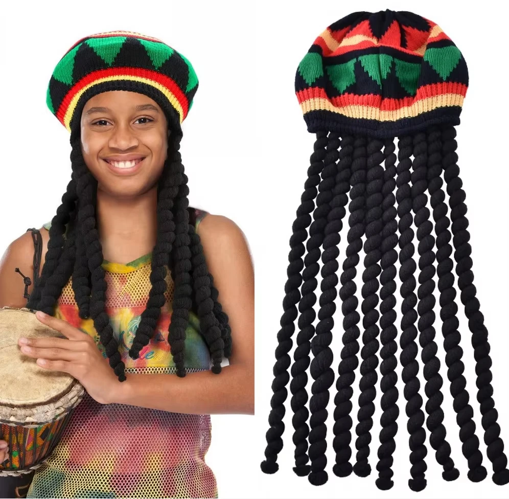 Unisex Strickmütze Geflecht Jamaican Bob Rasta Beanie Cap Hip Hop Cap Herren Dreadlocks Perücke Bob Marley Karibik Fancy Dress Up Kopfbedeckung