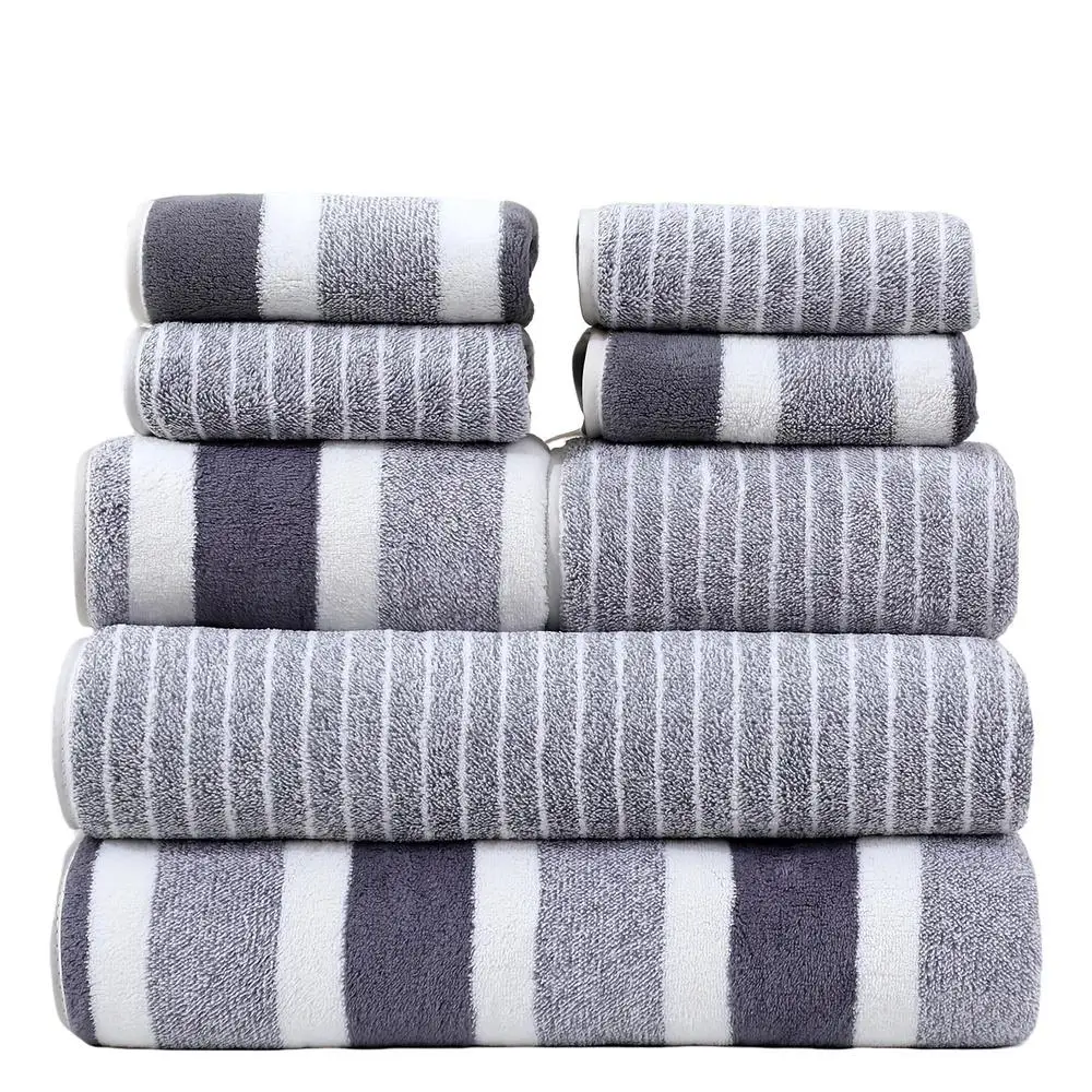 8Pcs Striped Bath Towel Set - 2 Bath Towels + 2 Hand Towels + 4 Face Towels, Quick-Dry Absorbent, Ideal for Home, Hotel, Spa