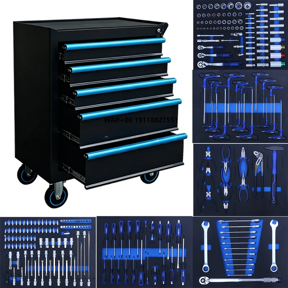 Auto-Reparaturbox mit 5 Schubladen, Wagen, Truhe, Werkbank, Werkstatt-Werkzeugwagen, rollender Werkzeugschrank mit Werkzeug