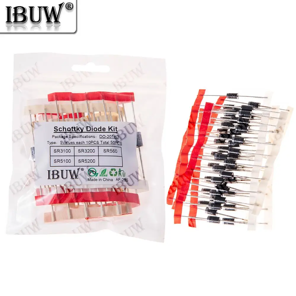 50PCS 5Werte Schottky Diode Kit SR3100/SR3200/SR560/SR5100/SR5200 DO-201AD für Stromgleich Image