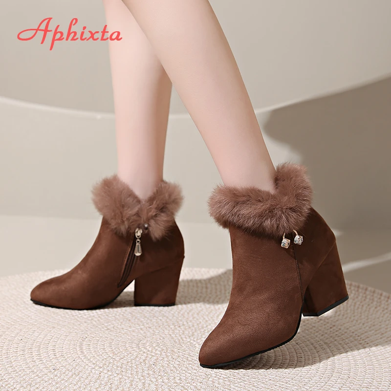 Aphixta 8 cm High Heel Ankle Boot Braun Einfarbig Spitz Schuhe Für Frau Pelzigen Moderne Boot Klassische Schuhe große Größe 43