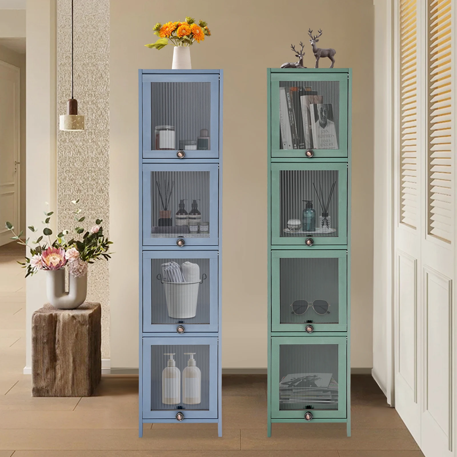 Bymaocar 4-stufiger Schrank mit Tür, 30 x 33 x 140 cm, kleiner schmaler Organizer-Schrank, Boden-Eckschrank, Grau/Grün