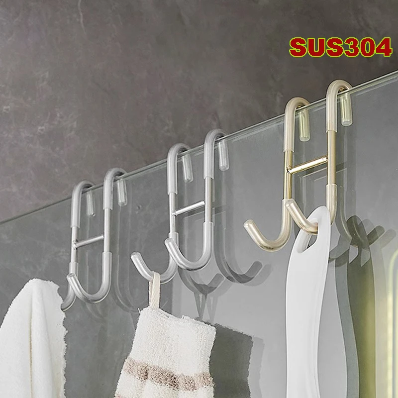 Haken aus Edelstahl 304, frei stanzbar, für Badezimmer, Duschtür, Haken über Glastür, Küchenschranktür, Rückseite, Aufbewahrungsbügel