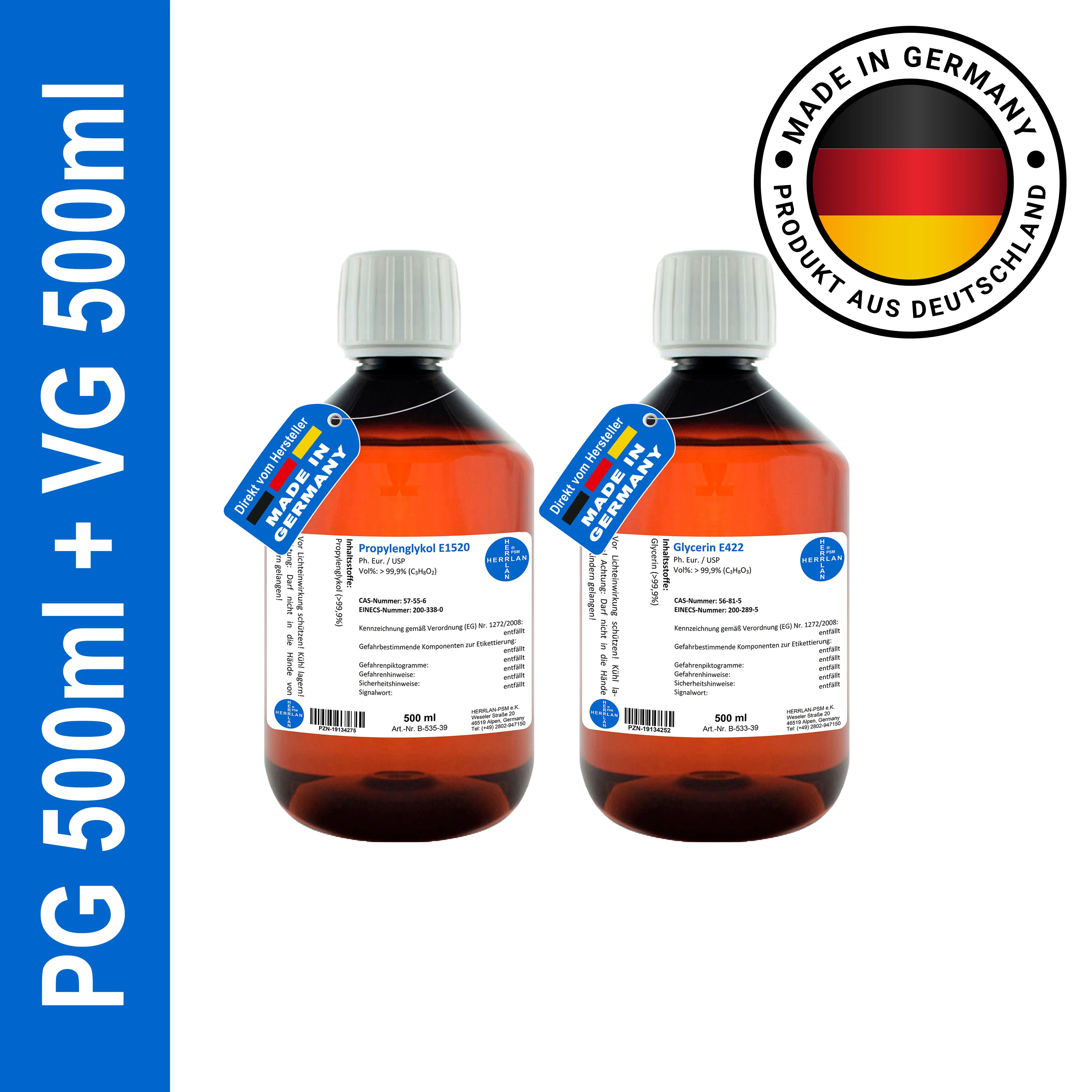 HERRLAN® Glycerin 99,9% + Propylenglykol 99,9% – 2 x 500 ml Set in höchster Pharmaqualität - Für Cremes, Lotionen & Gels Image