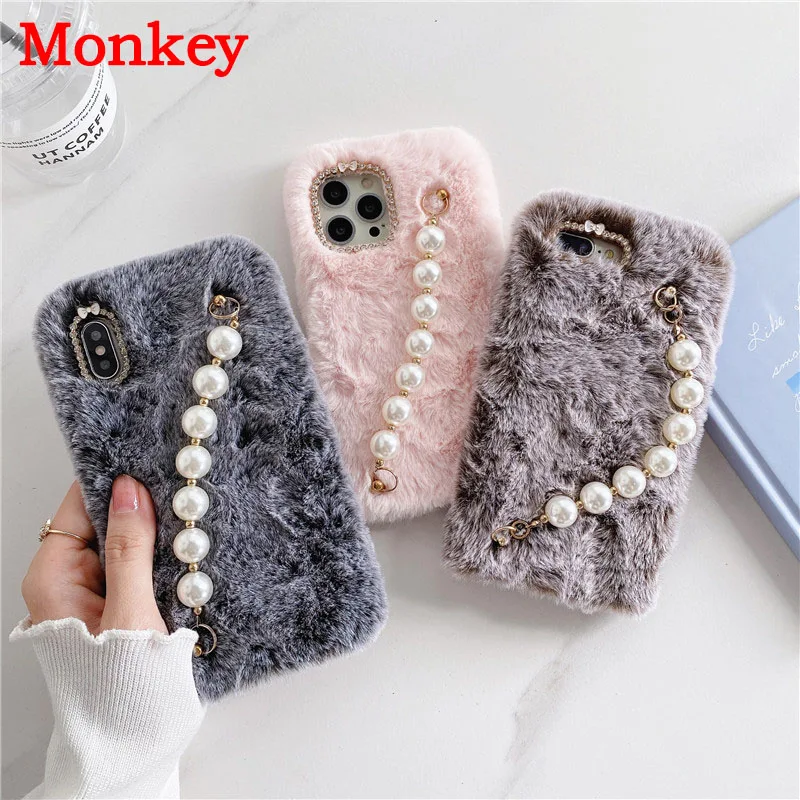 Coque de téléphone avec bracelet de perles pour iPhone, chaîne de poignet, coque en fourrure en peluche, iPhone 15 Pro Max, iPhone 14, iPhone 13, iPhone 12 Pro, iPhone 6, iPhone 7, iPhone 8 Plus,