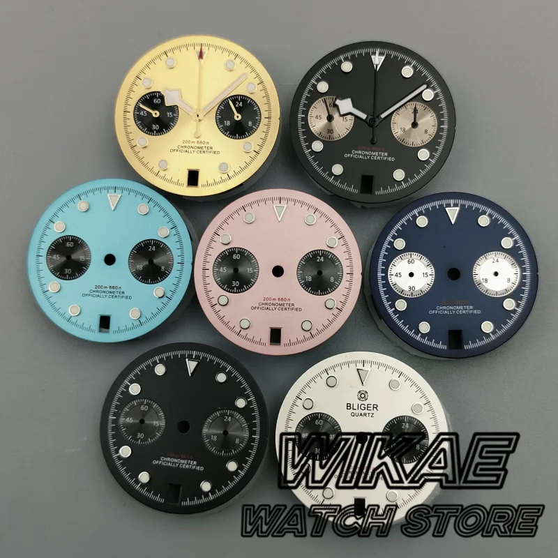 30 mm VK64-Zifferblatt, Zeiger, Weiß, Schwarz, Rosa, Himmelblau, Dunkelblau, Goldzifferblatt, grün leuchtend, passend für VK64-Quarzwerk, 6 Uhr Datum