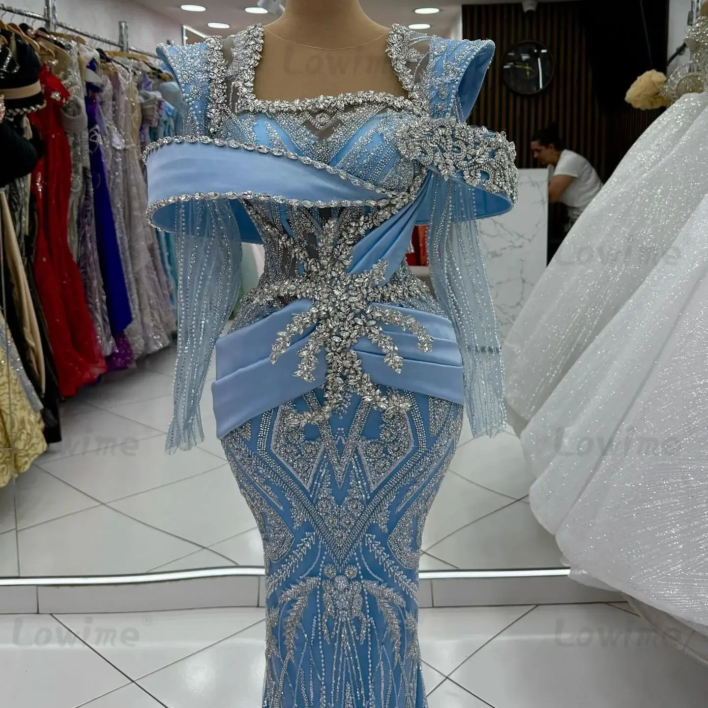 2026 Sparkle Crystals Blue Prom Dresses Customized Long Sleeves Mermaid Party Dress For Weddings Beaded Evening Gowns Arabic