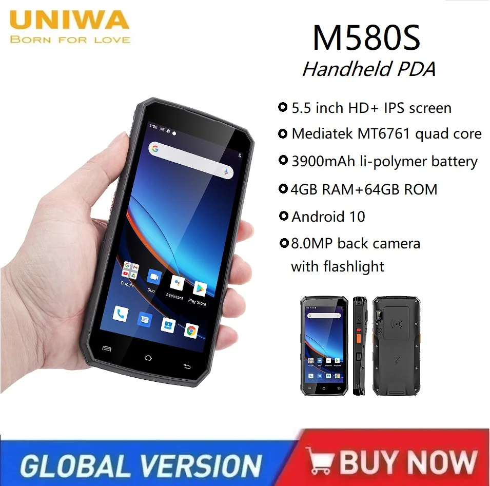 Uniwa M580S 4G Smartphones Android 10 PDA, 5,5 Zoll 4 GB RAM + 64 GB ROM 3900 mAh 8 MP wasserdichtes Handy-Terminalgerät Image