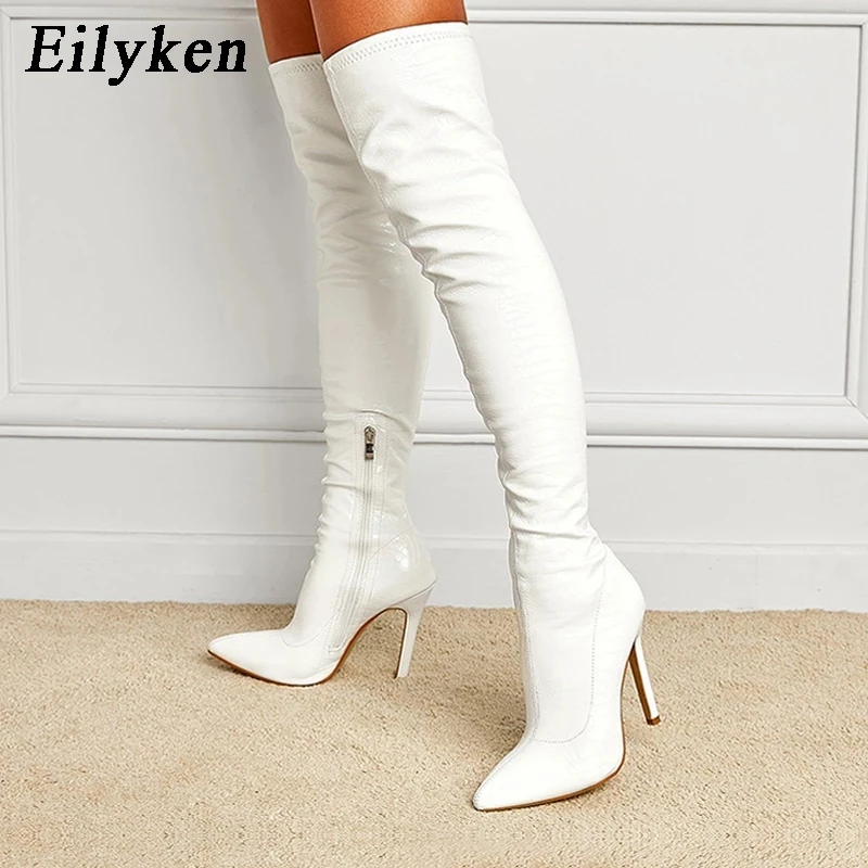 Eilyken Sexy Snake Print Leder Spitz Frauen Über Das Knie Stiefel Mode Zipper Winter Stripper Motorrad Schuhe