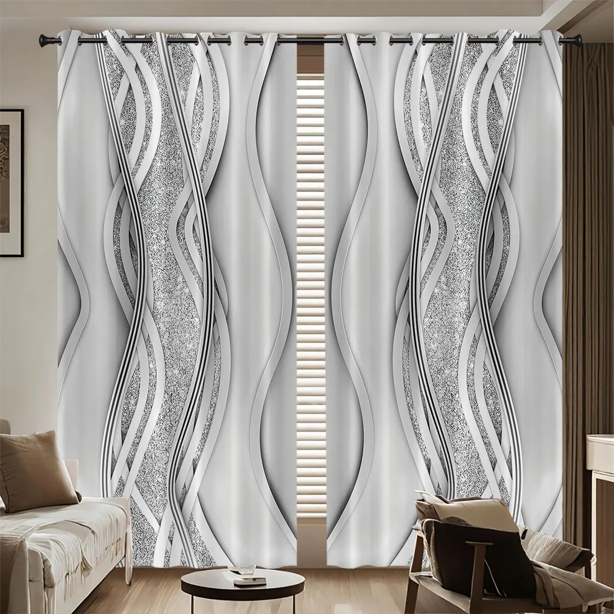 2 Stück silberne, gebogene, mit Liniendruck bedruckte, perforierte Verdunkelungsvorhänge, mehrere Größen für Wohnzimmer- und Schlafzimmer-Isolierdekoration Image