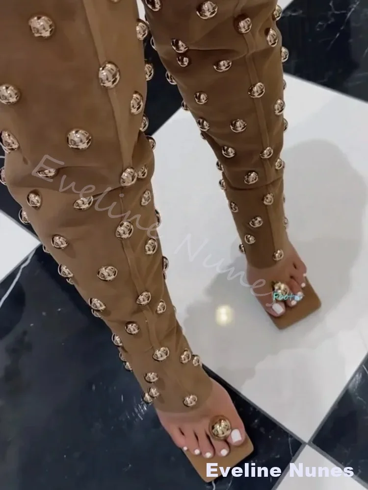 Metall Perlen Flip-Flops Denim Stiefel Frauen Karree Stiletto Ferse Zurück Zipper Peep Toe High Heels Mode Punk High Heels Stiefel