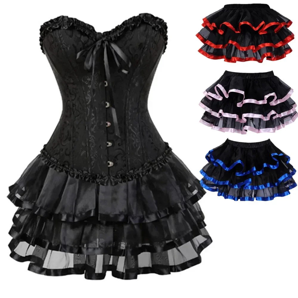 Frauen Sexy Jacquard Lace Up Overbust Korsett Bustiers Kleid Gothic Body Shaper Mini Rock Tutu Plus Größe XS-7XL Image