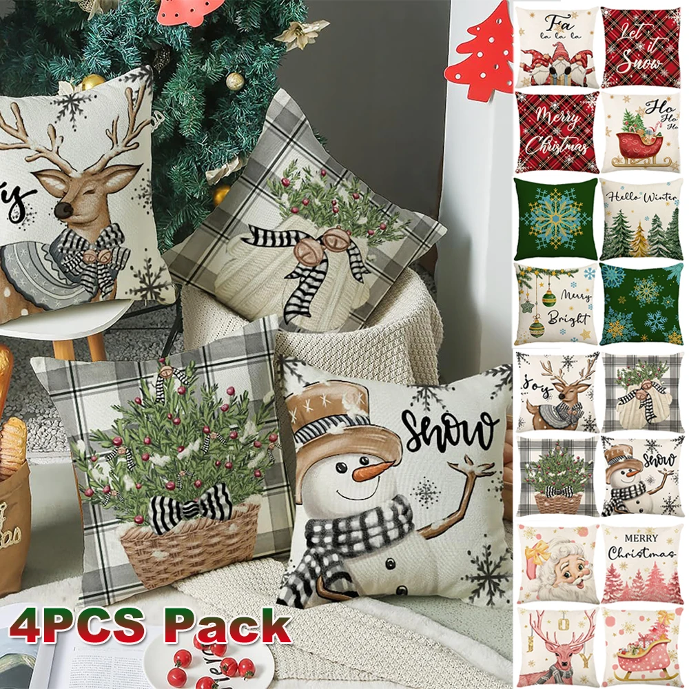 4 Stücke Weihnachten Dekokissenbezüge Stempeln Schneeflocke 45x45 cm Quadratischer Kissenbezug Sofa Taille Kissenbezug Weihnachten Home Bett Dekor Image