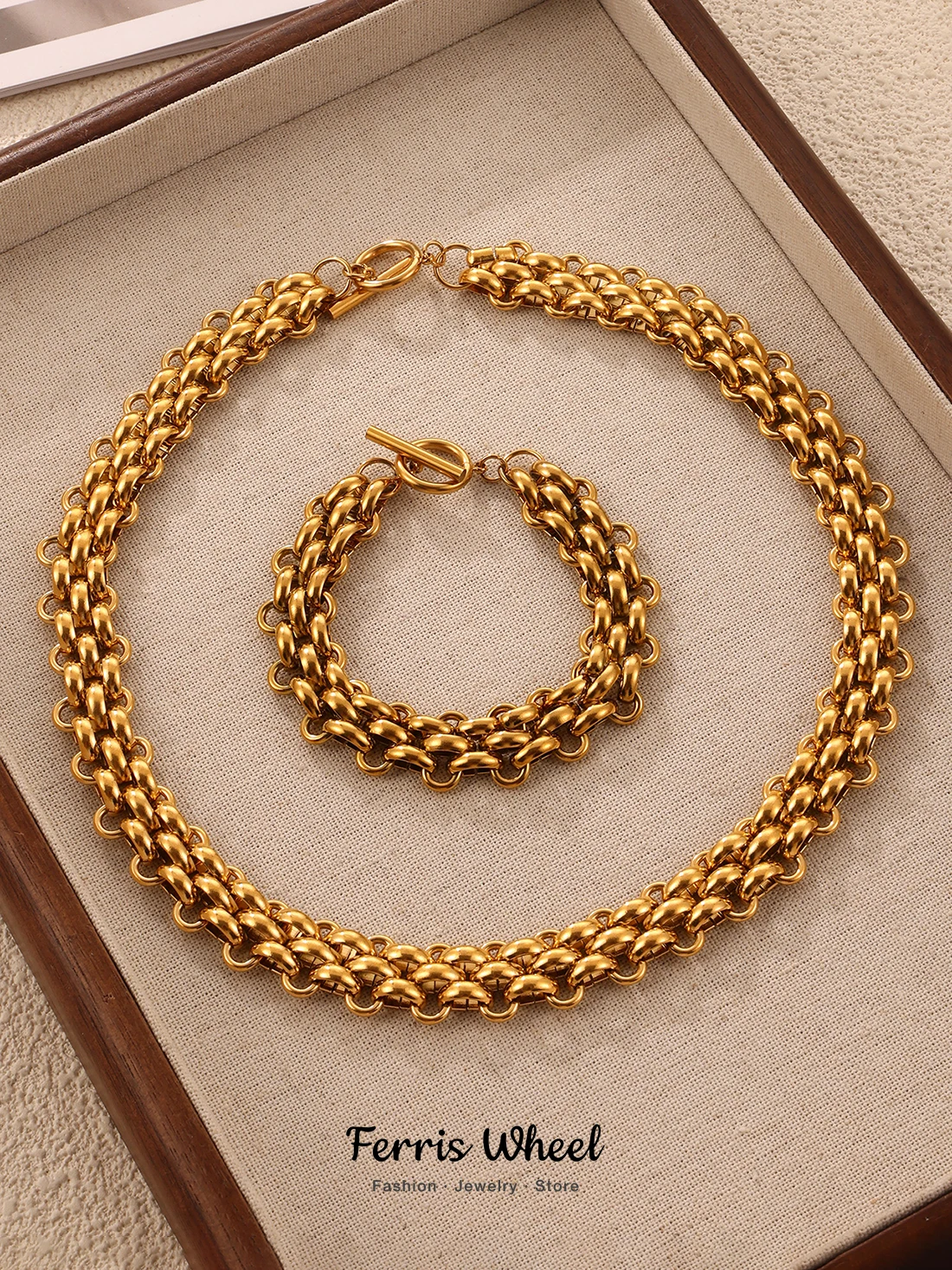 Gestrickte Stil T Schnalle 316L Edelstahl Halskette Armband Set Für Frauen Hip Hop Rock Dicke Kette Paare Chic Charme Schmuck