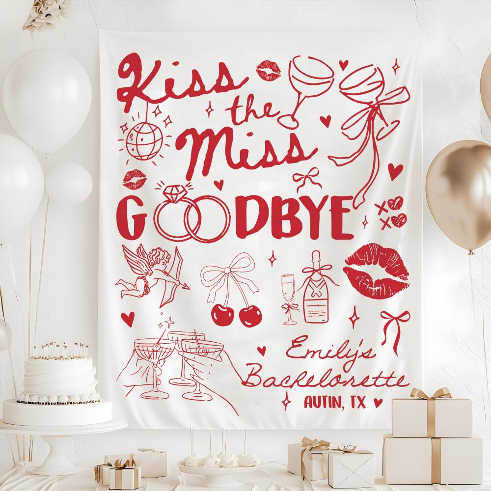 "Arazzo per addio al nubilato \"Kiss The Miss Goodbye\", decorazioni per addio al nubilato \"Kiss The Miss Goodbye\", sfondo personalizzato per addio al nu"