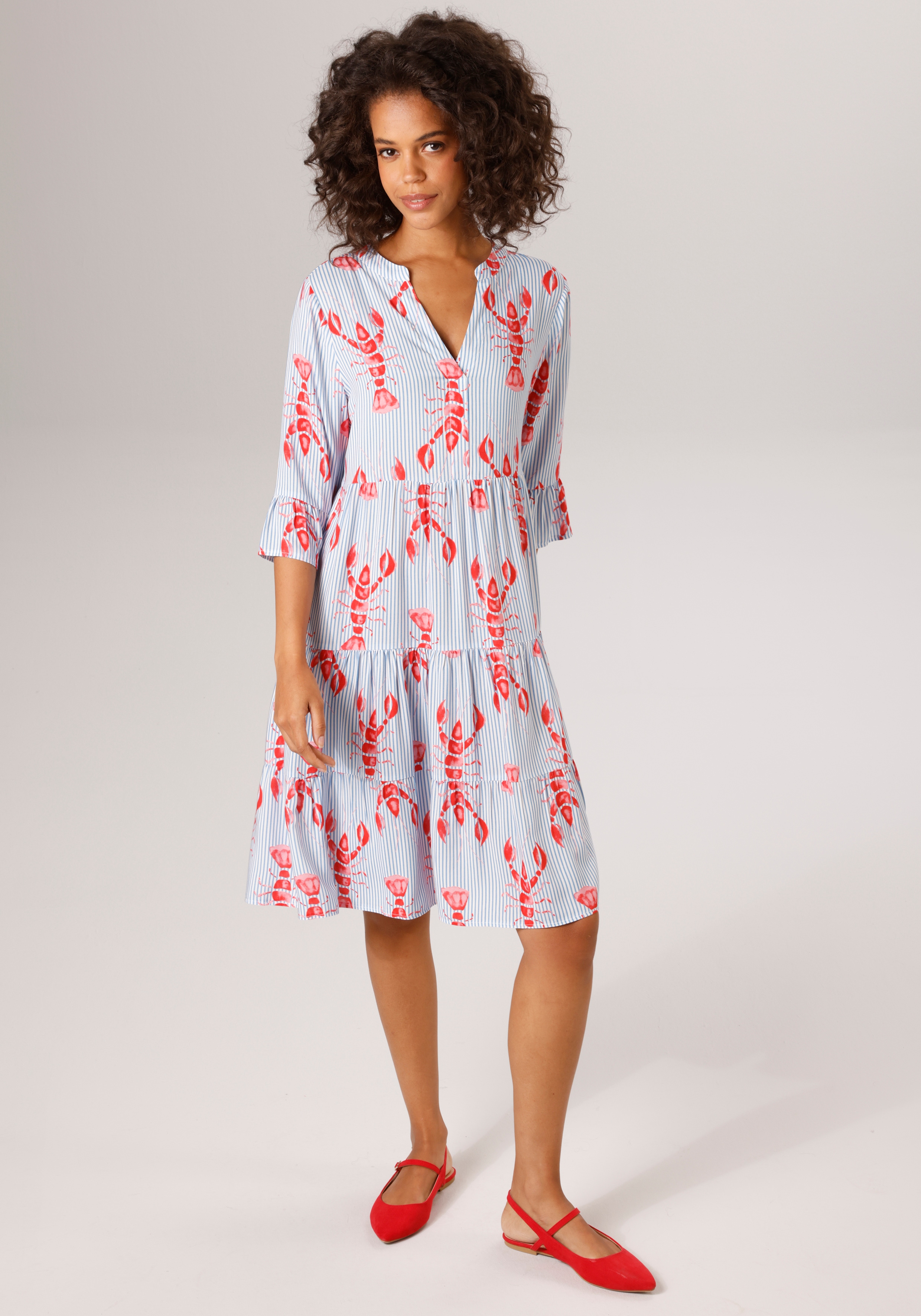 Tunikakleid ANISTON CASUAL, Damen, Gr. 38, N-Gr, weiß, hellblau, rot, rosa, Web, Obermaterial: 100% Viskose, bedruckt, gestreift, lässig geschnitten kniefrei, V-Ausschnitt, Volant, Kleider, gestreift und mit Krebsen bedruckt - NEIUE KOLLEKTION