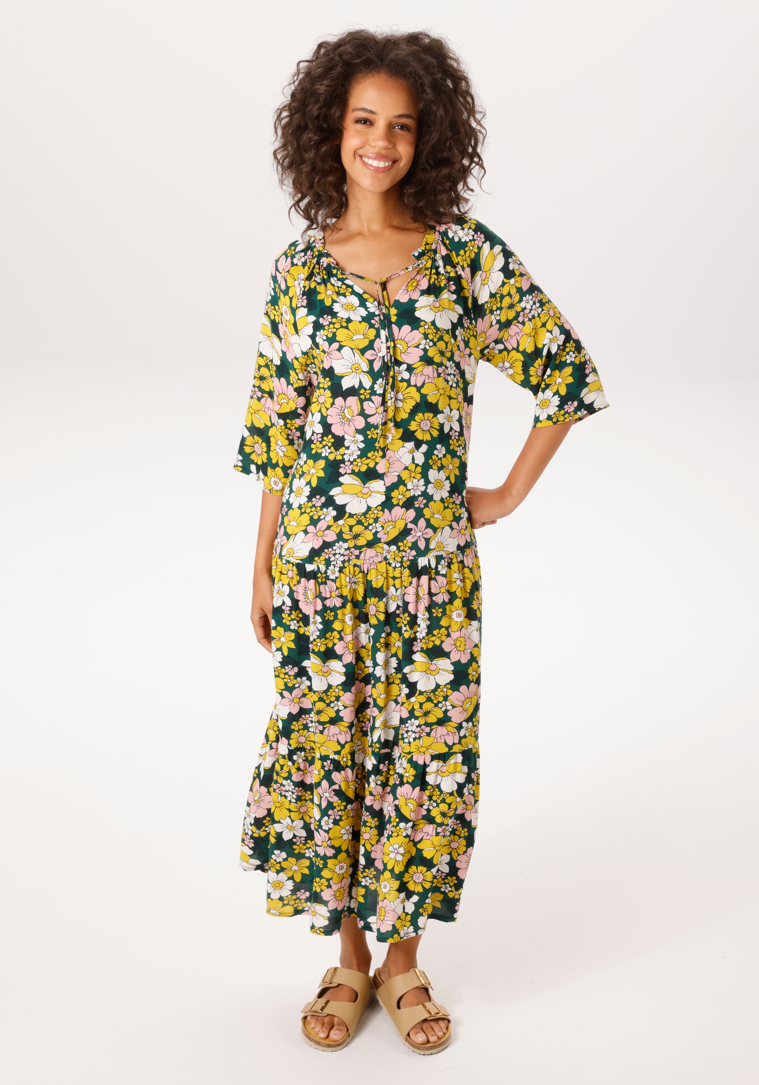 Sommerkleid ANISTON CASUAL, Damen, Gr. 46, N-Gr, dunkelgrün, mais, rosa, weiß, Web, Obermaterial: 100% Viskose, bedruckt, geblümt, lässig geschnitten wadenlang, V-Ausschnitt, Raglanärmel, Kleider Sommerkleid, mit farbenfrohen Blütendruck - jedes...