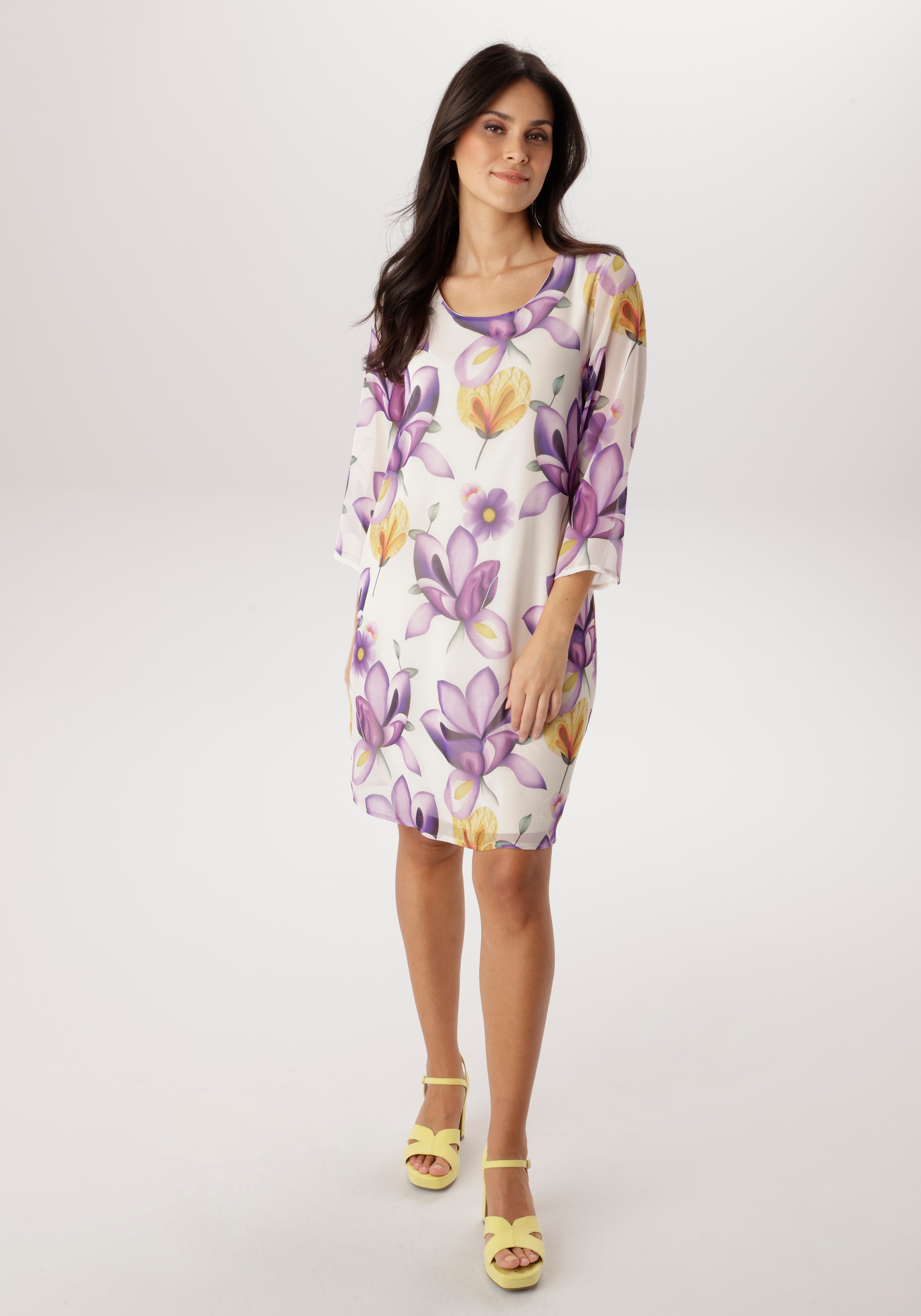 Chiffonkleid ANISTON SELECTED, Damen, Gr. 48, N-Gr, sanftes weiß, lila, flieder, orange, oliv, gelb, dunkelgrün, Chiffon, Obermaterial: 100% Polyester. Futter: 95% Viskose, 5% Elasthan, bedruckt, geblümt, gemustert, figurumspielend kniefrei,...