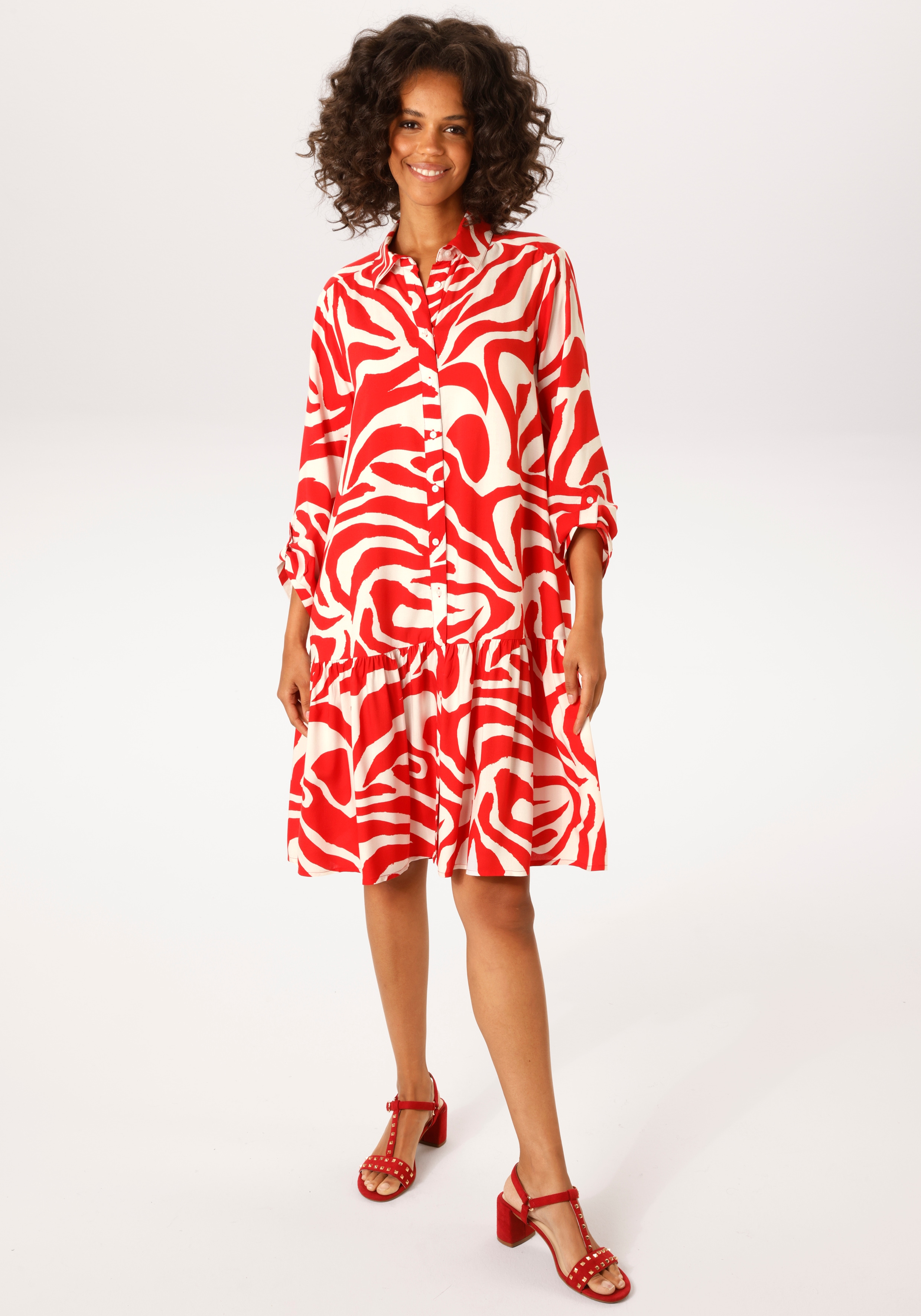 Blusenkleid ANISTON CASUAL, Damen, Gr. 48, N-Gr, rot, weiß, Web, Obermaterial: 100% Viskose, bedruckt, gemustert, lässig geschnitten kniefrei, Krempelärmel, Kleider Blusenkleid, mit extravagantem, grafischen Druck - NEUE KOLLEKTION