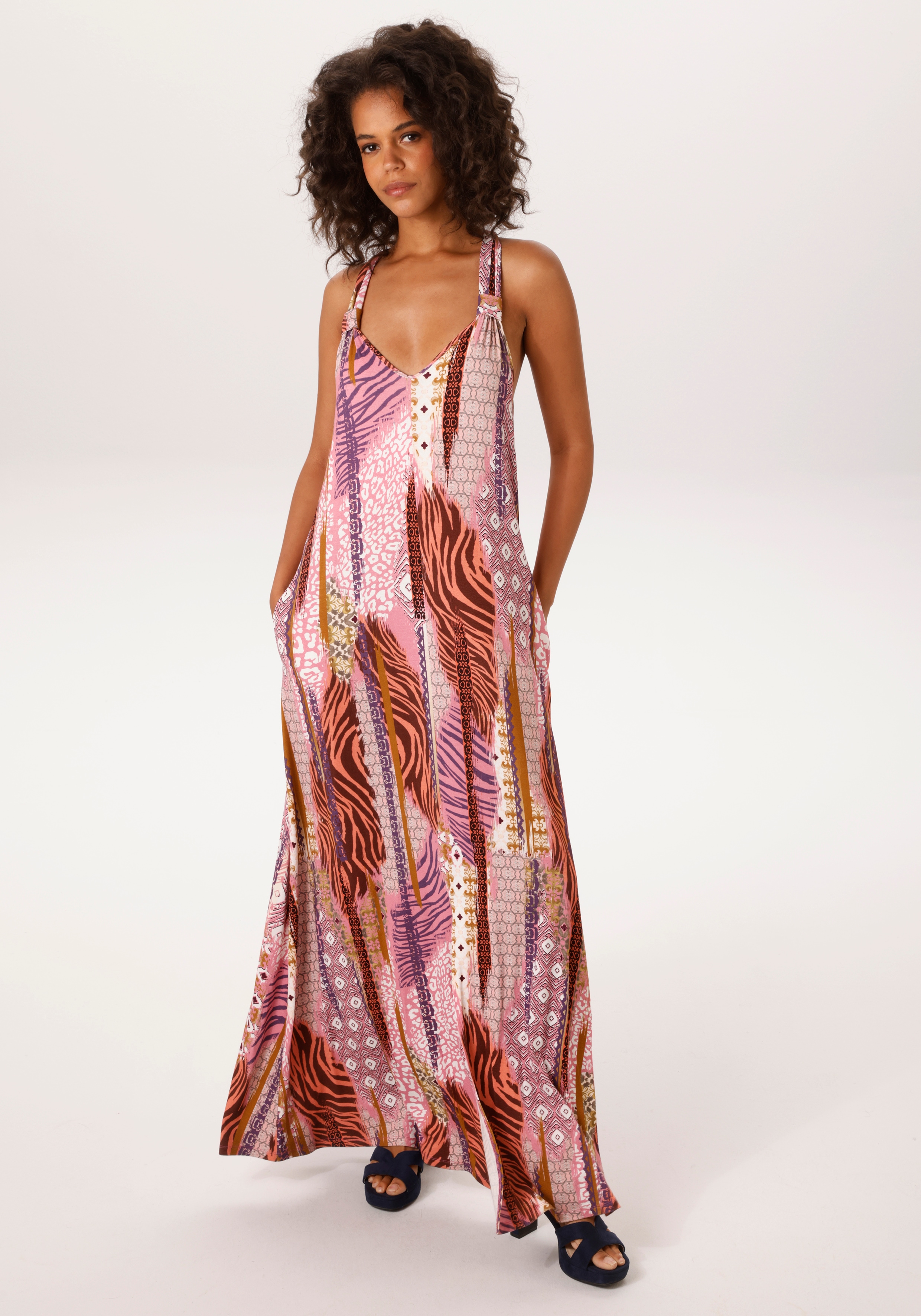 Sommerkleid ANISTON CASUAL, Damen, Gr. 42, N-Gr, beere, lila, lachs weiß, braun, goldfarben, grau, orange, grün, oliv, rose, bordeaux, Single Jersey, Obermaterial: 95% Viskose, 5% Elasthan, bedruckt, gemustert, A-Linie knöchelfrei, V-Ausschnitt,...