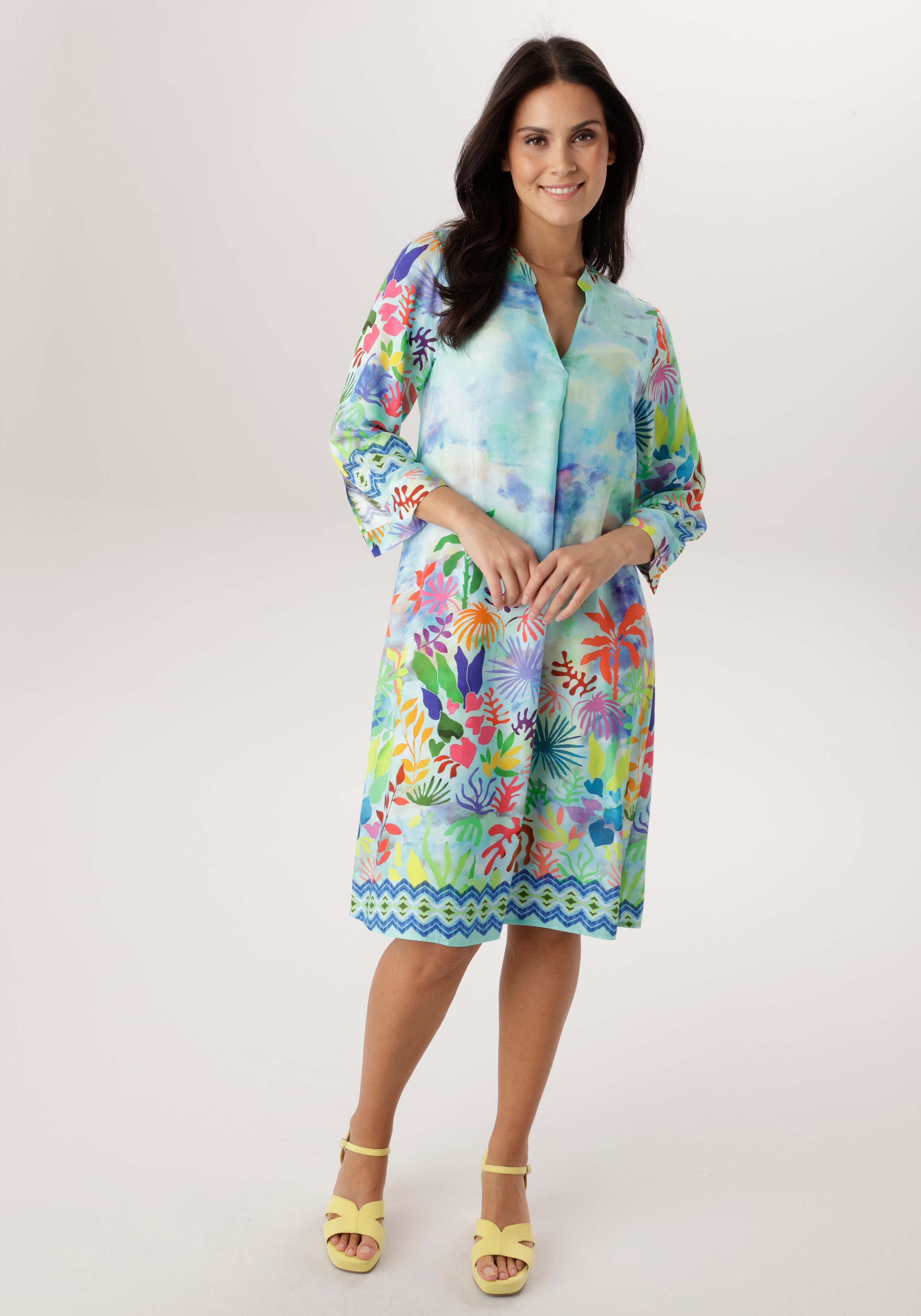 Blusenkleid ANISTON SELECTED, Damen, Gr. 40, N-Gr, hellblau, türkis, grün, gelb, bunt, Web, Obermaterial: 100% Viskose, bedruckt, gemustert, mehrfarbig, lässig geschnitten knieumspielend, V-Ausschnitt, 1-Knopf-Manschette, Kleider Blusenkleid, mit...