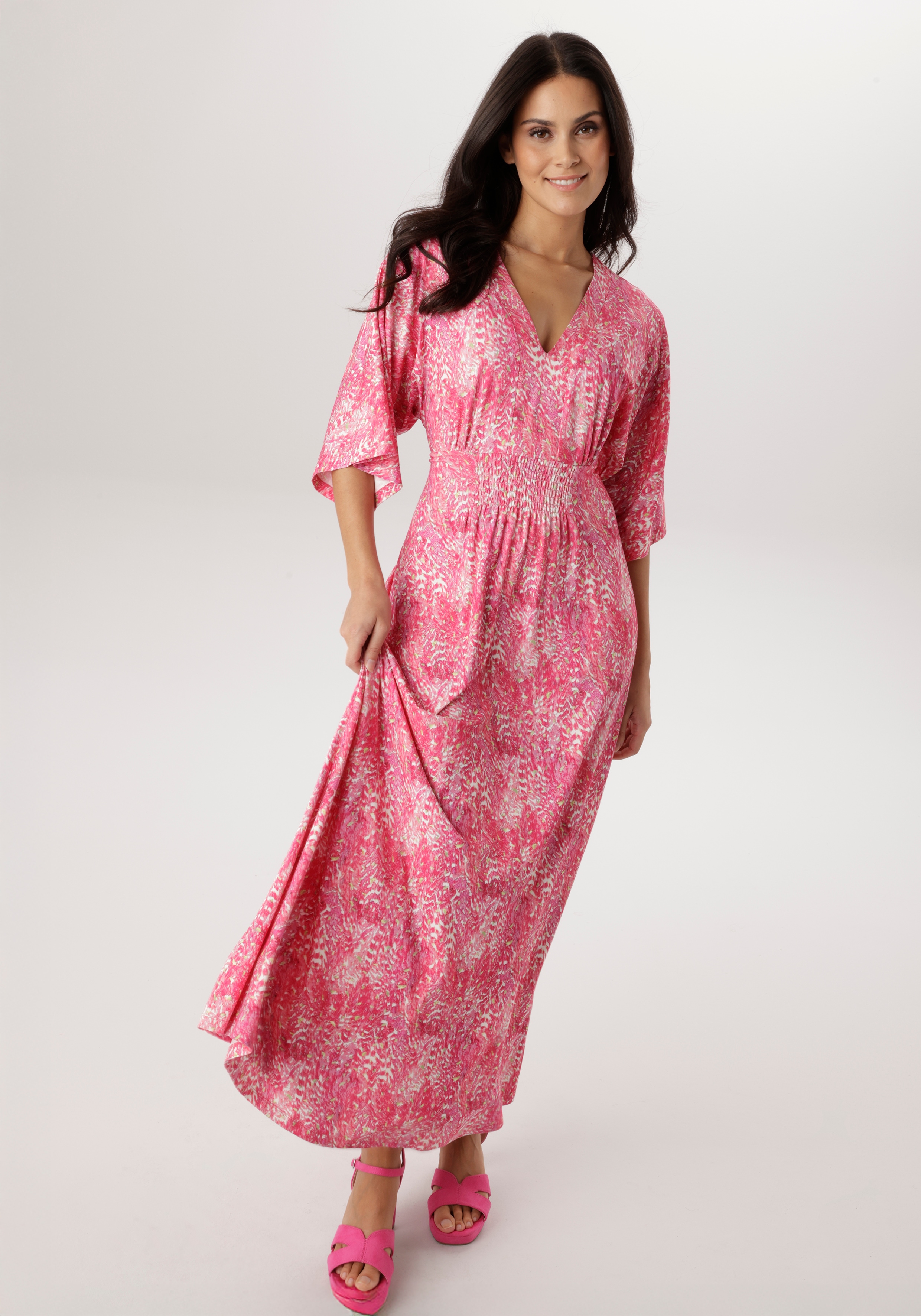 Maxikleid ANISTON SELECTED, Damen, Gr. 46, N-Gr, pink, rose, weiß, zartgelb, Single Jersey, Obermaterial: 95% Viskose, 5% Elasthan, bedruckt, gemustert, lässig geschnitten lang, V-Ausschnitt, weit, Kleider Maxikleid, mit weiten, 3/4-langen Ärmeln -...