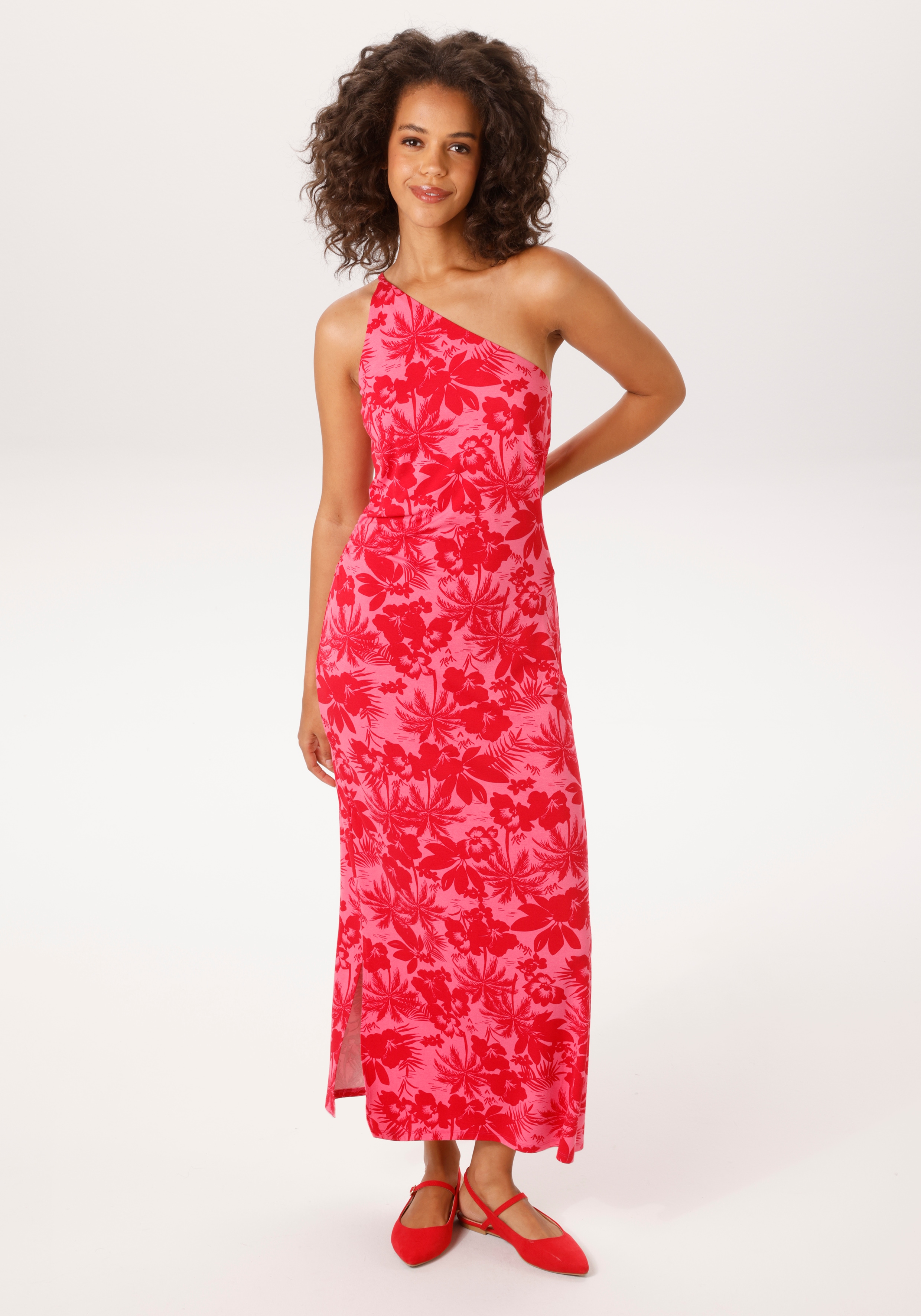 Sommerkleid ANISTON CASUAL, Damen, Gr. 46, N-Gr, pink, rot, Single Jersey, Obermaterial: 95% Viskose, 5% Elasthan, bedruckt, geblümt, figurbetont knöchelfrei, Kleider Sommerkleid, in modischer One-Shoulder-Form - NEUE KOLLEKTION