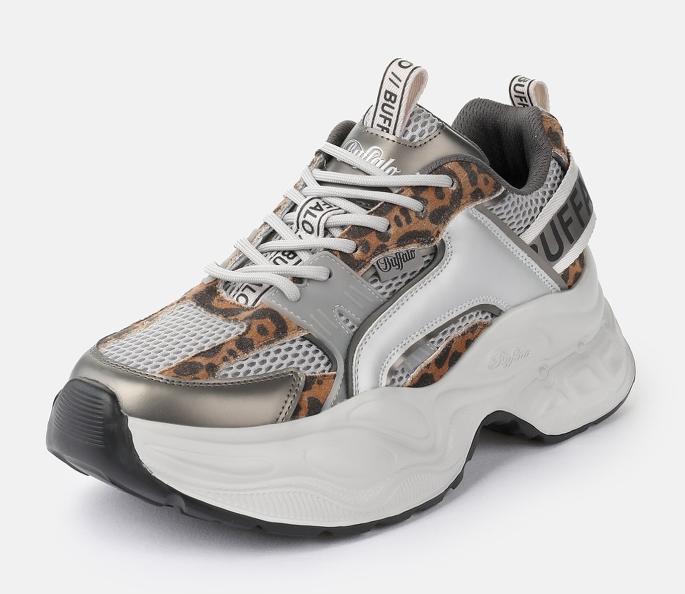Plateausneaker BUFFALO "Yuno one", Damen, Gr. 37, weiß, silberfarben, leo, Lederimitat, Textil, animal-print, metallic, Schuhe Plateausneaker, Halbschuh, Schnürschuh, Retro-Sneaker mit Memory Foam Innensohle