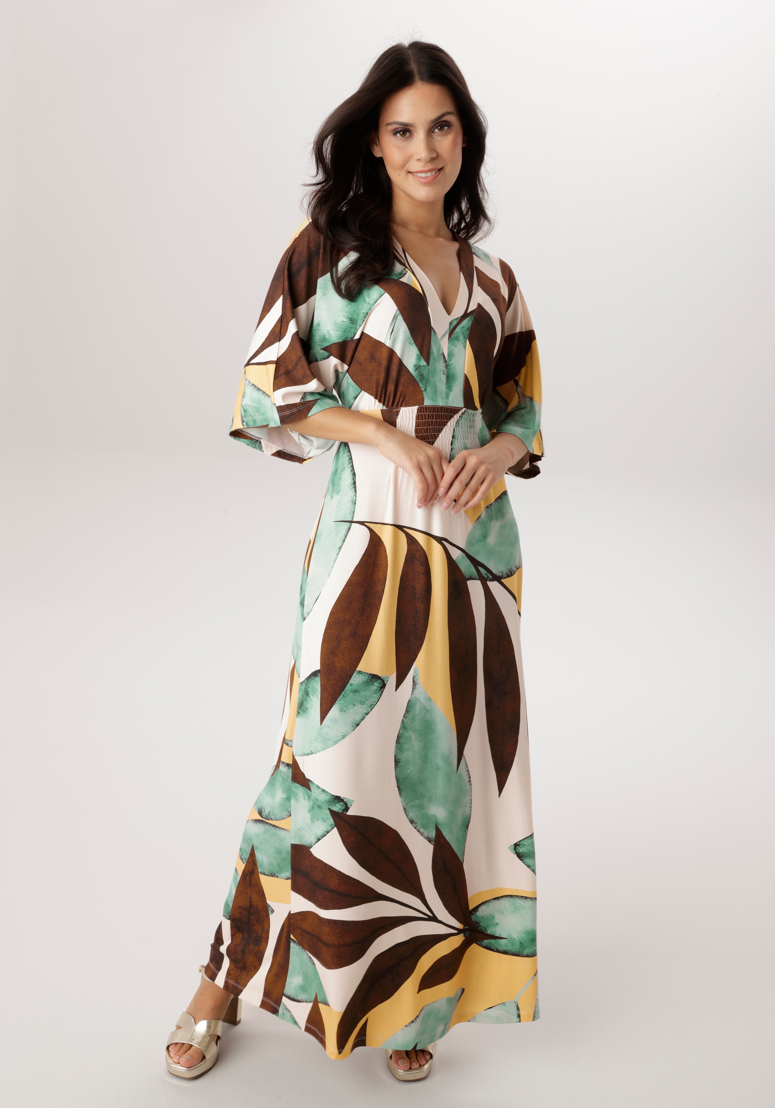 Maxikleid ANISTON SELECTED, Damen, Gr. 36, N-Gr, natur, ockergelb, braun, türkis, petrol, Single Jersey, Obermaterial: 95% Viskose, 5% Elasthan, bedruckt, geblümt, gemustert, lässig geschnitten lang, V-Ausschnitt, weit, Kleider Maxikleid, mit...