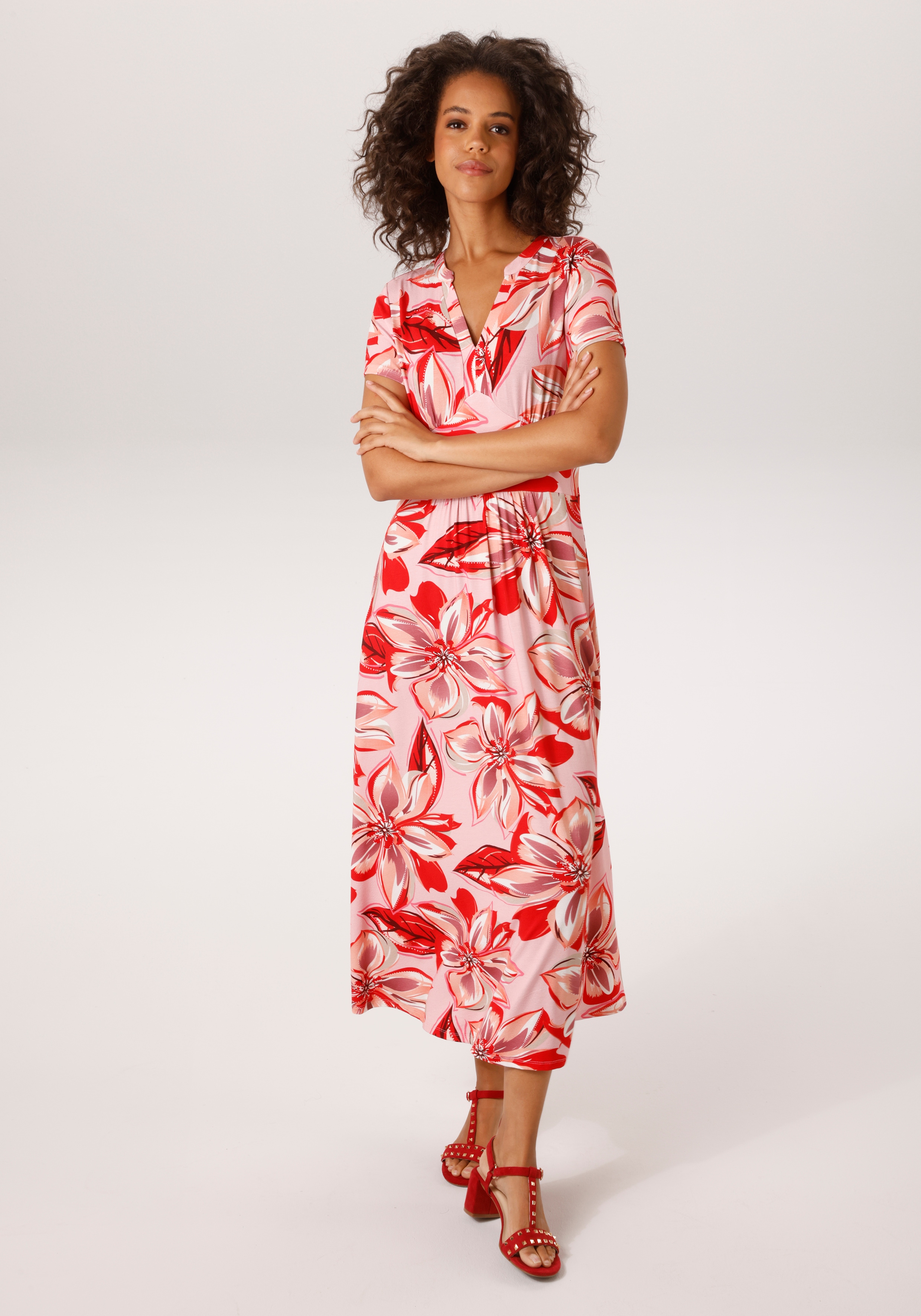 Sommerkleid ANISTON CASUAL, Damen, Gr. 46, N-Gr, rosa, rot, beere, lachs, wollweiß bodeaux, Single Jersey, Obermaterial: 95% Viskose, 5% Elasthan, bedruckt, geblümt, figurumspielend wadenlang, V-Ausschnitt, Kleider Sommerkleid, mit farbharmonischen,...