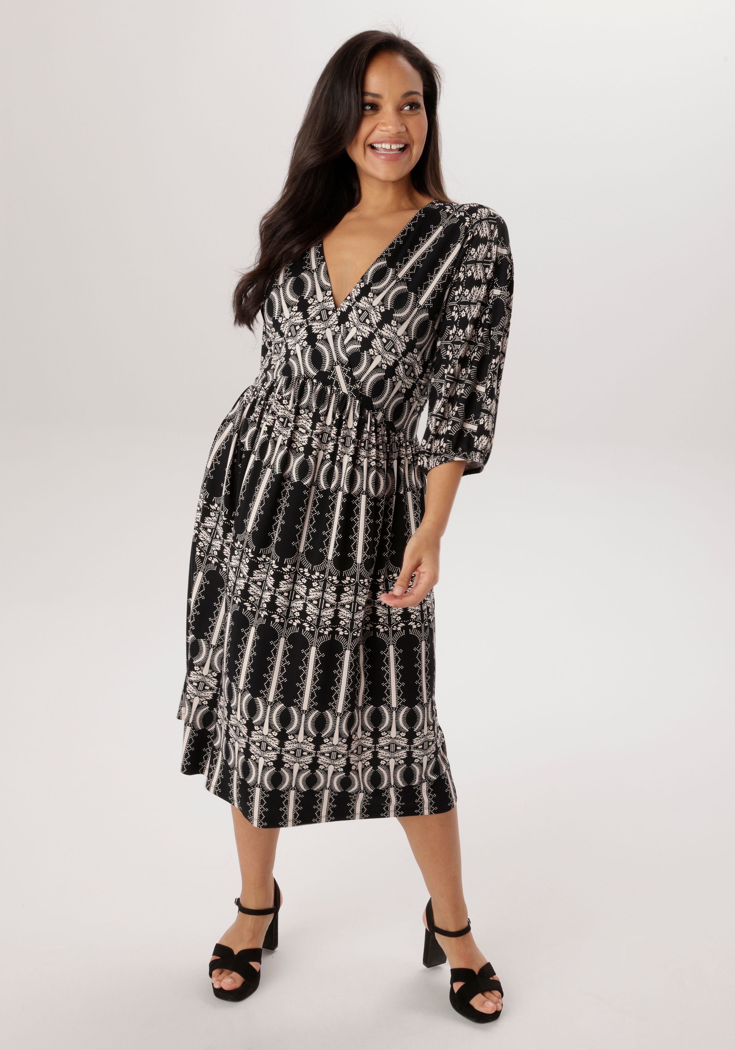 Jerseykleid ANISTON PLUS, Damen, Gr. 54, N-Gr, schwarz, weiß, Jersey, Obermaterial: 95% Viskose, 5% Elasthan, figurumspielend kniebedeckend, V-Ausschnitt, Raglanärmel mit Gummizug, Kleider Jerseykleid, in Wickeloptik - NEUE KOLLEKTION