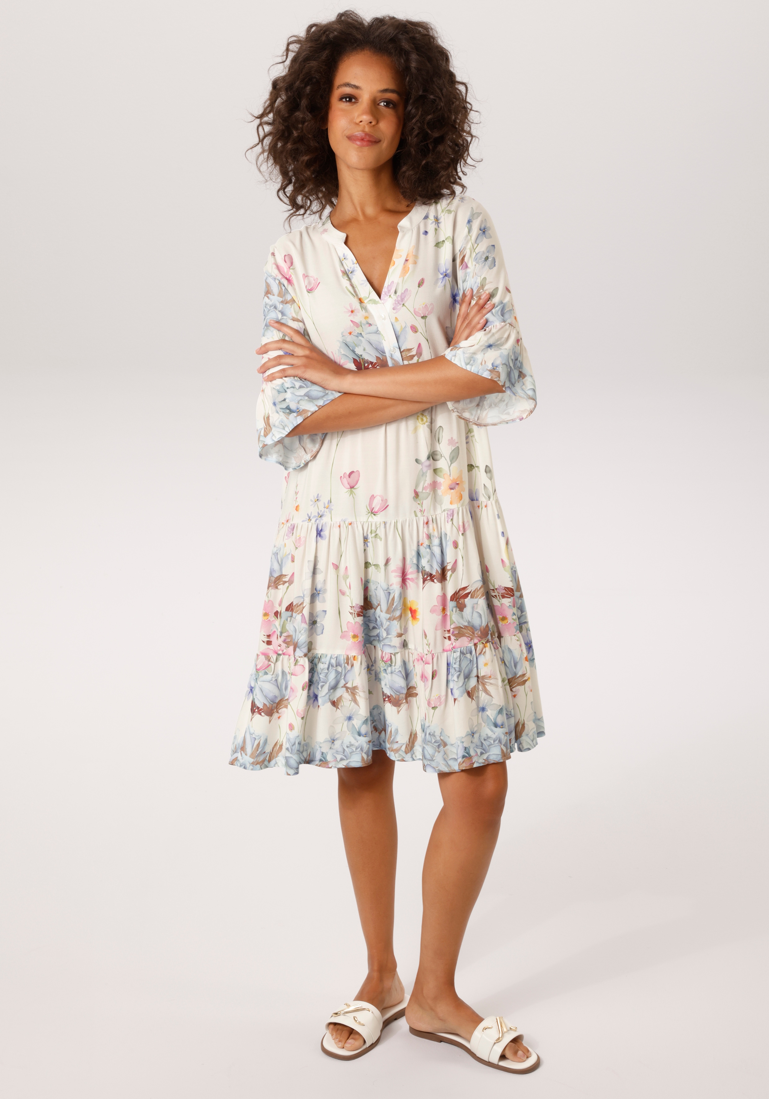 Tunikakleid ANISTON CASUAL, Damen, Gr. 46, N-Gr, wollweiß, hellblau, helltürkis, blau, orange, apricot, pink, rosa, malve, grün, hellgrün, gelb, braun, hellbraun, Web, Obermaterial: 100% Viskose, bedruckt, geblümt, lässig geschnitten knieumspielend,...