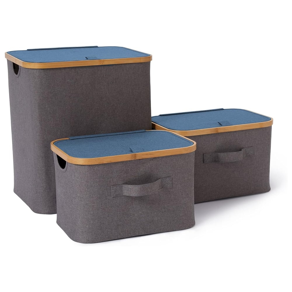 LUMALAND Aufbewahrungsbox mit Bambus-Rahmen Rechteckig hoch - 3er-Set - Grau/Blau Image