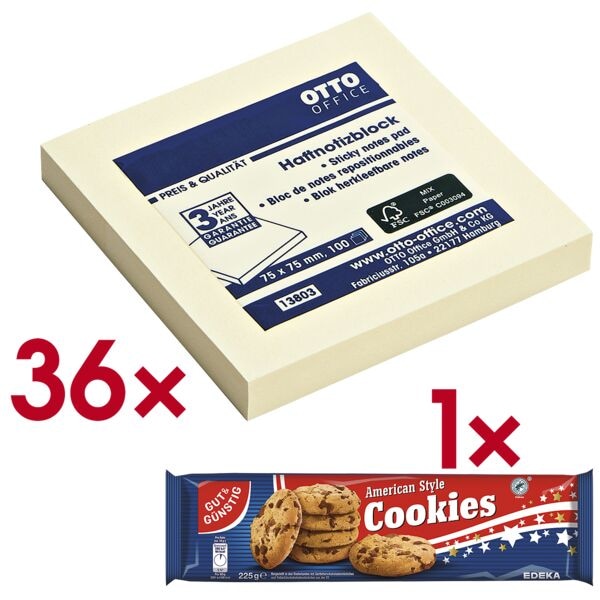 OTTO Office 36x Haftnotizblock 75 x 75 mm gelb inkl. Cookies »American Style« 225 g Image