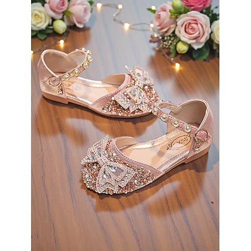 Glitzernde Mary-Jane-Schuhe für Kinder mit Strasssteinen, Kristallschleife, Obermaterial aus Glitzerstoff und verstellbarem Knöchelriemen – eleganter Prinzessinnenstil für Mädchen, perfekt als Image