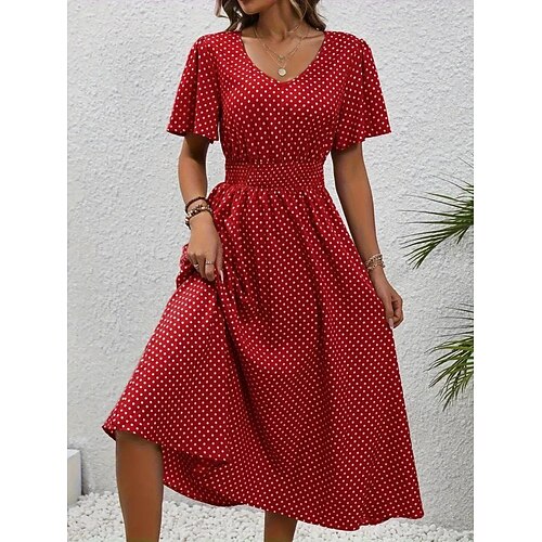 Damen Midikleid A Linie Kleid Sommerkleid Lässig Täglich Normale Passform Tupfen Kurzarm V Ausschnitt Blau Schwarz Gelb Rosa Sommer Image